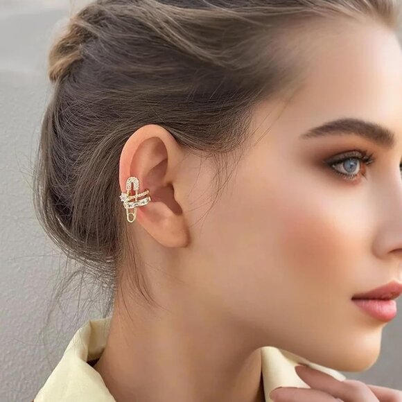 Gold Safety Pin Non Piercing Rhinestone Star Clip on Earring Cartilage Jewelry - Picture 3 of 9